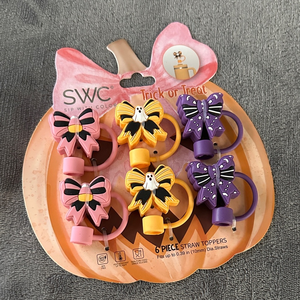 NWT Sip With Color Halloween Straw Toppers - Pink, Orange, Purple Bows Set of 6